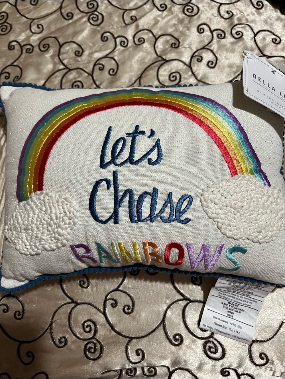 Bella Luxx White Rainbow Embroidered Throw Pillow